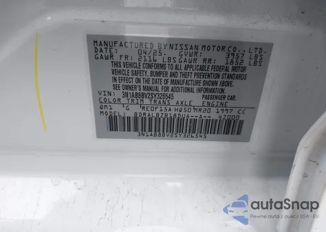 2025 Nissan Sentra S from USA, damaged, VIN 3N1AB8BV2SY326545